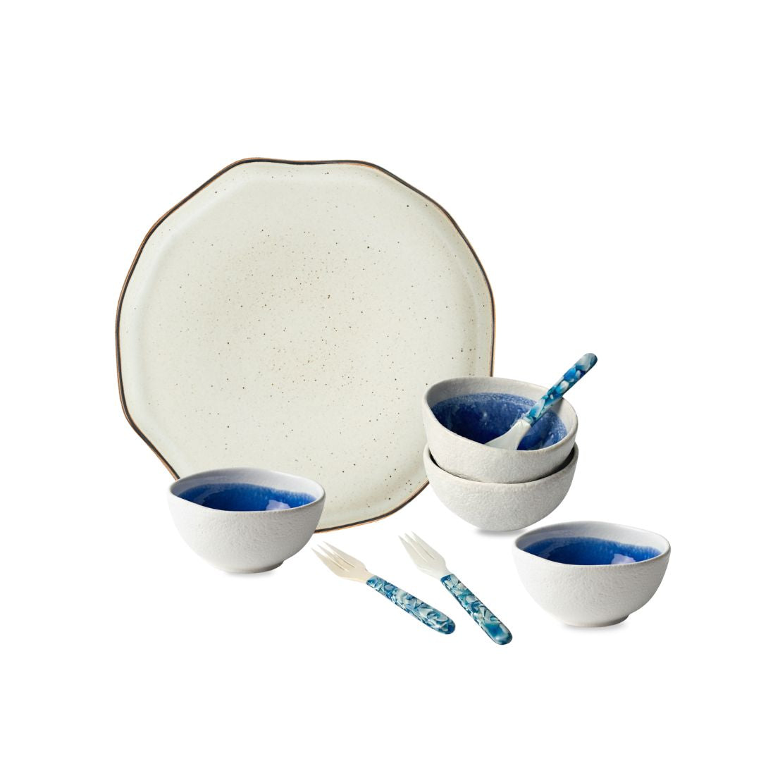 Rice Bowls, Round Serving Plate & Mother of Pearl Utensils Set