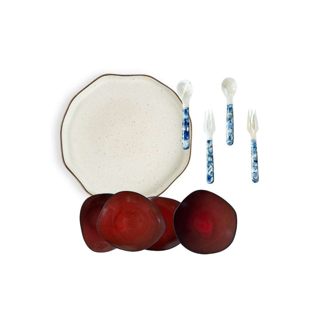 Round Platter, Mini Plates & Mother of Pearl Utensils Set