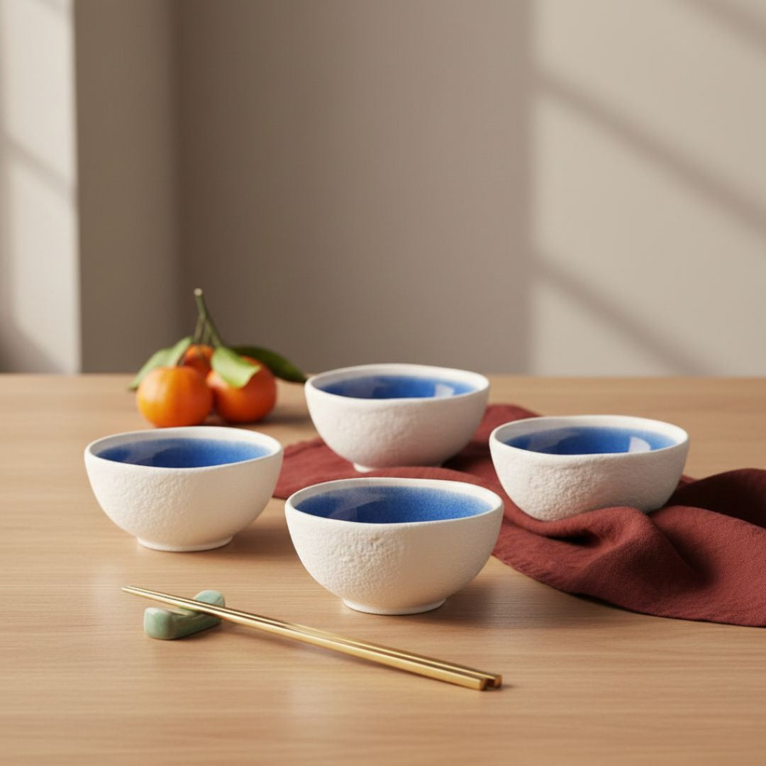 Rice Bowls, Round Serving Plate & Mother of Pearl Utensils Set