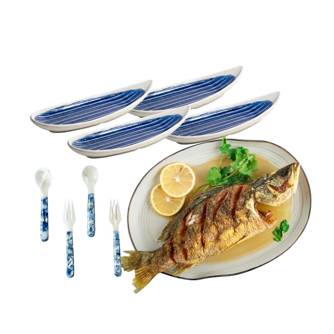 Oval Platter, Sharing Plates &amp; Mother of Pearl Utensils Set