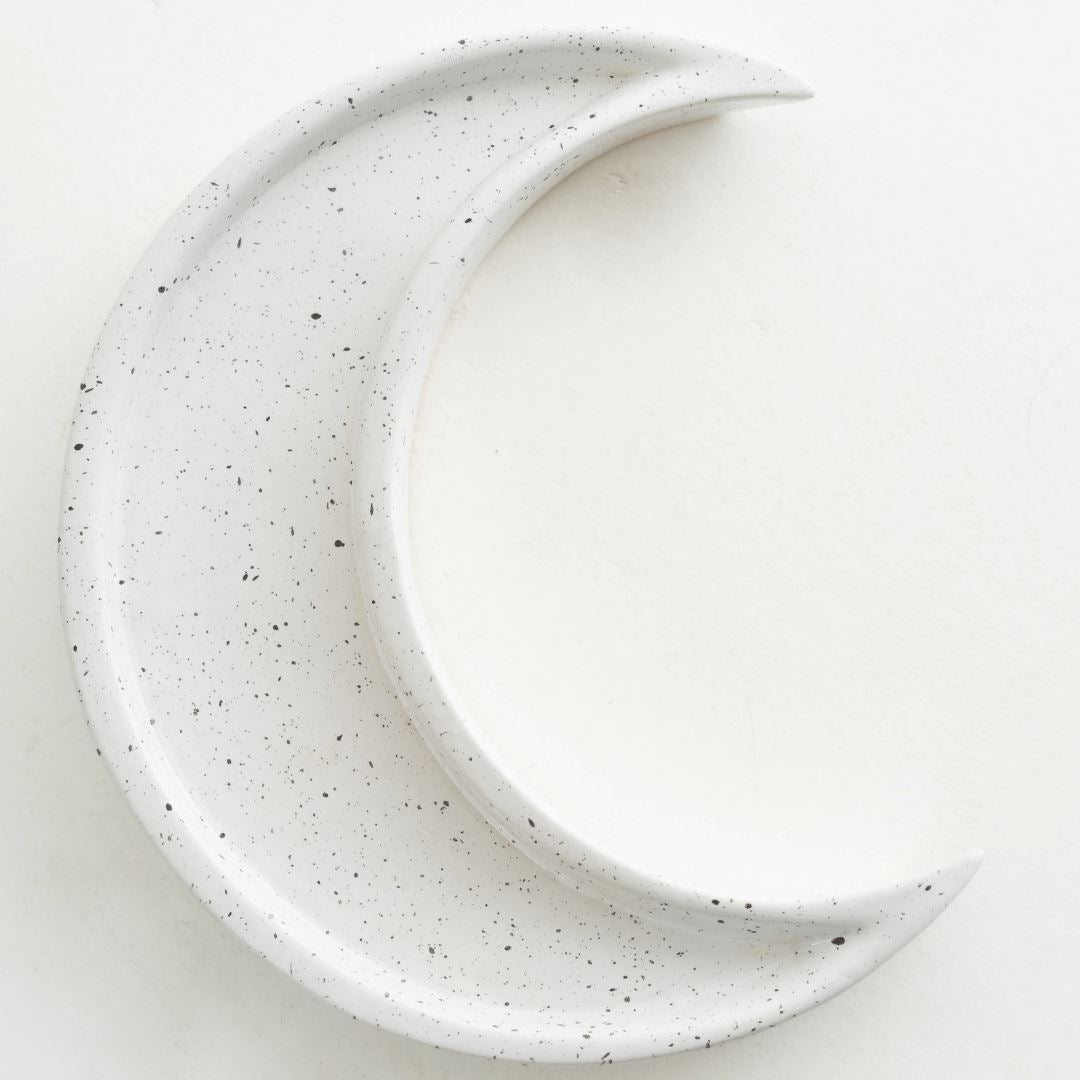 Crescent moon shaped jewelry trinket speckled ceramic dish 